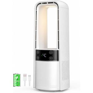 Desk Fan Bladeless, 120° Oscillating Fan Rechargeable, Quiet Fan with Night Light, Smart LED Touch Control, 4 Speed & 9H Timer, Small Table Fan, Auto Display Off, Ideal for Home, Office, Study Room
