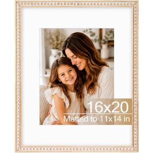 Solid Wood 16x20 Picture Frame Beaded Frame with 11x14 Mat, Rustic Vintage 16 by 20 Photo Frame Matted with Plexiglass for Wall Display, Rustic White