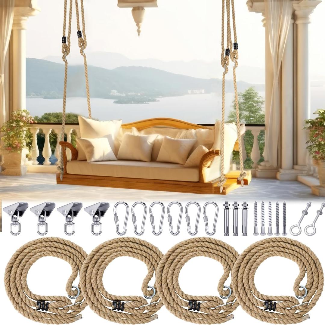 4 Pack Porch Swing Rope Kit Hemp Rope Swing Bed Straps Holds 800 Lbs Adjustable Hemp Heavy Duty for Porch Garden Playground