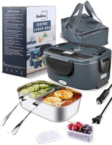 Buddew Electric Lunch Box 80W Food Heater for Adults, 12/24/110 V Portable Food Warmer for Travel & Work, 1.5L Food Warmers, Loncheras para Hombres de Trabajo (Gray+Black Handle)