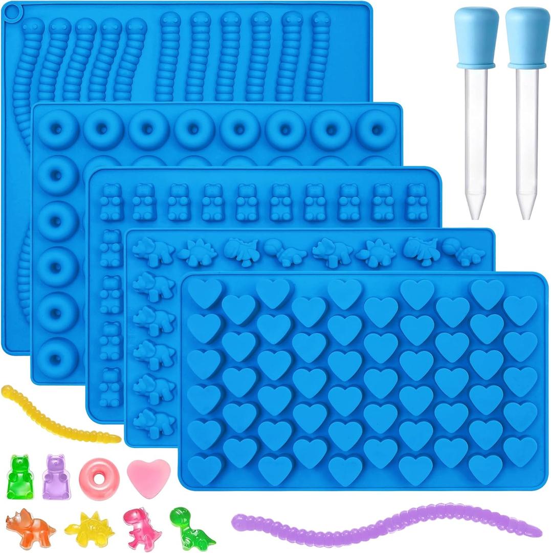 Sidosir 7Pcs Silicone Gummy Bear Molds, Non-Stick Worm Chocolate Mold for Parties, Gummy Heart for Home DIY, Silicone Dinasur Mold for Make Gummies