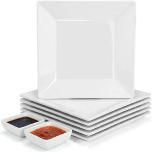 8'' Porcelain Dinner Plates Set, 6 Ceramic Square Dinner Plates and 2 White Ceramic Condiment Dishes, White Square Serving Plate for Salad, Pasta, Steak, Snacks, Appetizer Plate