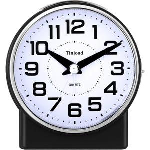 Tinload 4.3" No Ticking Analog Alarm Clock,Silent Readable for Seniors,Easy to Set,Gradual Rise Alarm,Big Numbers,On/Off Switch on Side,Gentle Wake,Snooze,Lighted on Demand,Battery Operated,Black