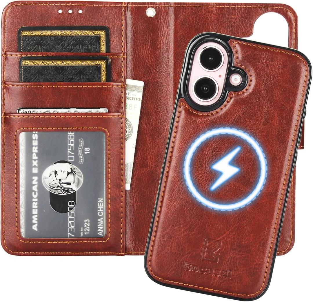 Bocasal for iPhone 16 Wallet Case Compatible with MagSafe Wireless Charging, RFID Blocking Magnetic Leather Case with Card Slots Holder Kickstand Detachable Wrist Strap 6.1 Inch (Brown)