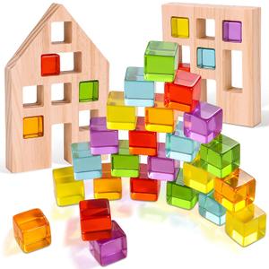 Woodtoe Wooden Building Blocks Set for Kids, 24 PCS Rainbow Gem Cubes Stacking Blocks - 2 Wood House, Montessori Stacking Toy for Toddlers, Educational STEM Sensory Birthday Toy for Boys Girls 3-6