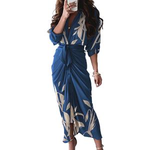 FYEARFOX Women's Button Down Shirt Dress Ruched Split Maxi Dresses Long Sleeve Wrap V Neck Tie Waist Party Clubwear(2XL)