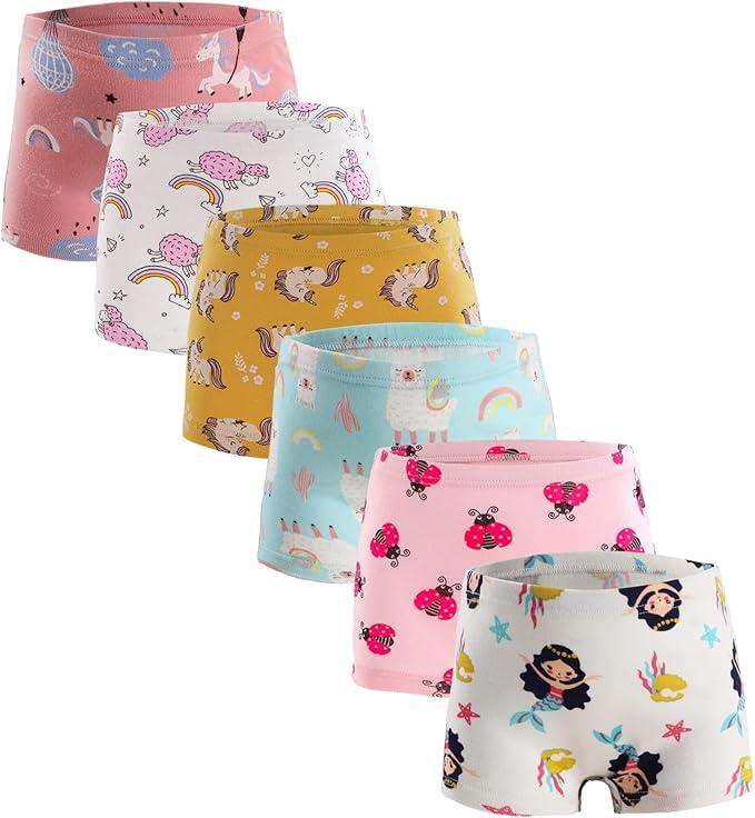 ZHTEAPR Kids Little Girls Underwear Boxer Briefs 100% Cotton Soft Panties Cartoon Cute Pattern Boyshorts 7-8 Years (Pack of 6)