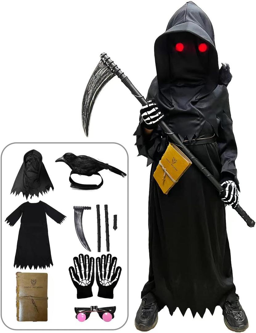 longpo Halloween Costumes for Boys Grim Reaper Costume Kids Set Scary Ghost Cosplay Outfit Halloween Party Favors Gifts (X-Large)