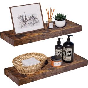 INHABIT UNION Rustic Brown Floating Shelves for Wall，24in Wall Mounted Display Ledge Shelves Perfect for Bedroom, Bathroom, Living Room and Kitchen Decoration Storage (Rustic Brown, Set of 2)