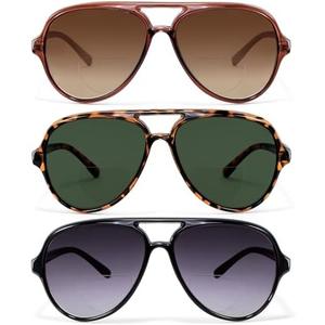 EYEGUARD 3 Pack Retro Aviator Bifocal Reading Sunglasses for Women Men UV400 Protection Classic Square Sun Readers, +1.50