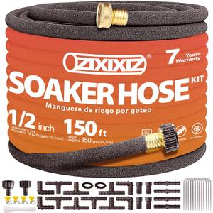 150FT 1/2-Inch Soaker Hose, Flexible with Solid Brass Connector, Leak-Resistant Watering System for Gardens & Vegetable Beds