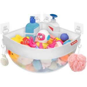 UNEEDE 4.32 Gallons Corner Mounted Bath Toy Storage Holder, Mesh Shower Caddy for Bathtub Organizer, Quick Dry Holder