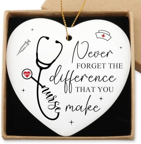 Nurse Gifts for Women Hanging Ornament Nursing Week Gifts for Rn LPN NP Appreciation Graduation Retirement Birthday Nursing Ideas Gift Christmas Tree Ceramic Heart Keepsake, Pack Of 2