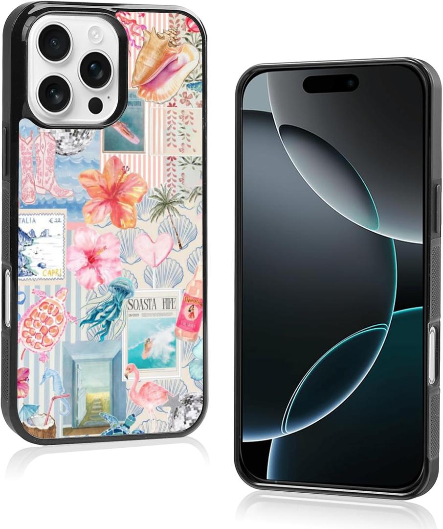 European Summer Collage Phone Case Compatible with iPhone 16 Pro Max,Cute Pink Aesthetic Hibiscus and Turtle Coquette Case for Women Girls