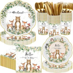 400 Pcs Woodland Baby Shower Party Supplies for 50 Forest Animals Mountain Wilderness Plates Napkins Cups Spoons Forks Knives for Neutral Forest Animal Baby Shower(Green and Gold, Woodland)