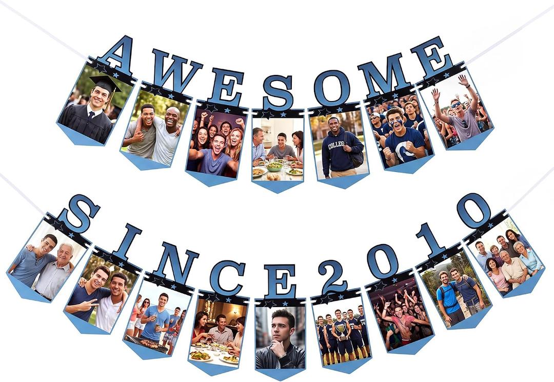 2 x Epakh Pre-strung Awesome Since 2010 16th Birthday Photo Banner, Black Blue in 2010 Paper Milestone Decor, 4x6 Photo Display for Boy 16th Birthday Party Supplies