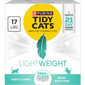 Purina Tidy Cats LightWeightFree and Clean Unscented, Multi-Cat, Clumping, 99.9 Percent Dust Free Cat Litter - 17 lb. Box