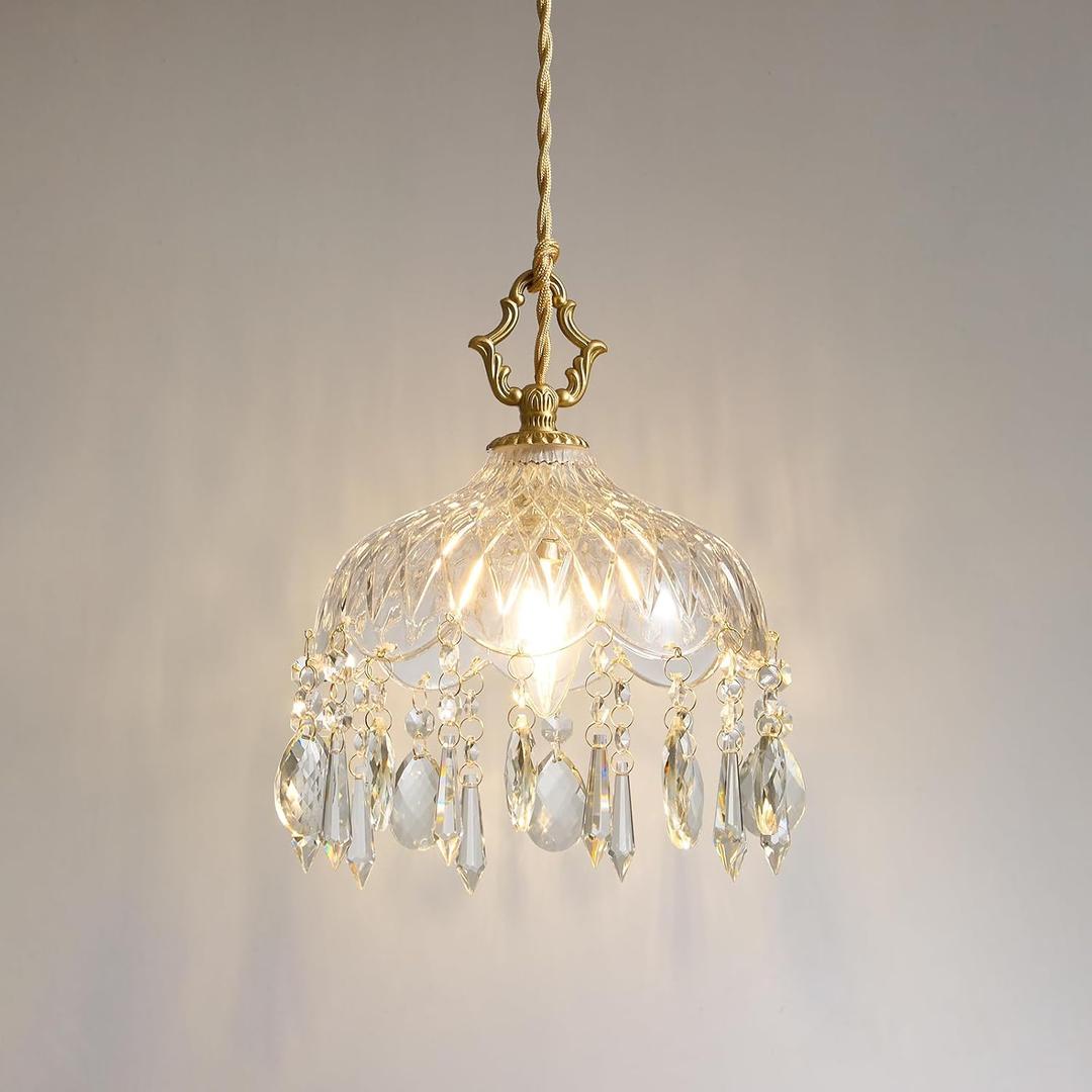 Mini Vintage Crystal Pendant Light - Brass Gold Clear Glass, Single | Adjustable Hanging Flower Art Deco, Small Chandelier for Kitchen Island, Bathroom, Bar, Bedroom, Dining Room, Hallway, Sink