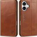 SHIELDON Genuine Leather Case Wallet for iPhone 17 6.3-inch 5G 2025 | Foldable, Magnetic Closure, Kickstand, RFID Blocking Credit Card Holder, Shock-Absorbent Phone Cover - Retro Brown