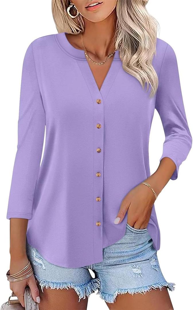 ORANDESIGNE Women's Button Down T Shirts 3/4 Sleeve V Neck Tops Casual Summer Ladies Tees (Purple) XXL