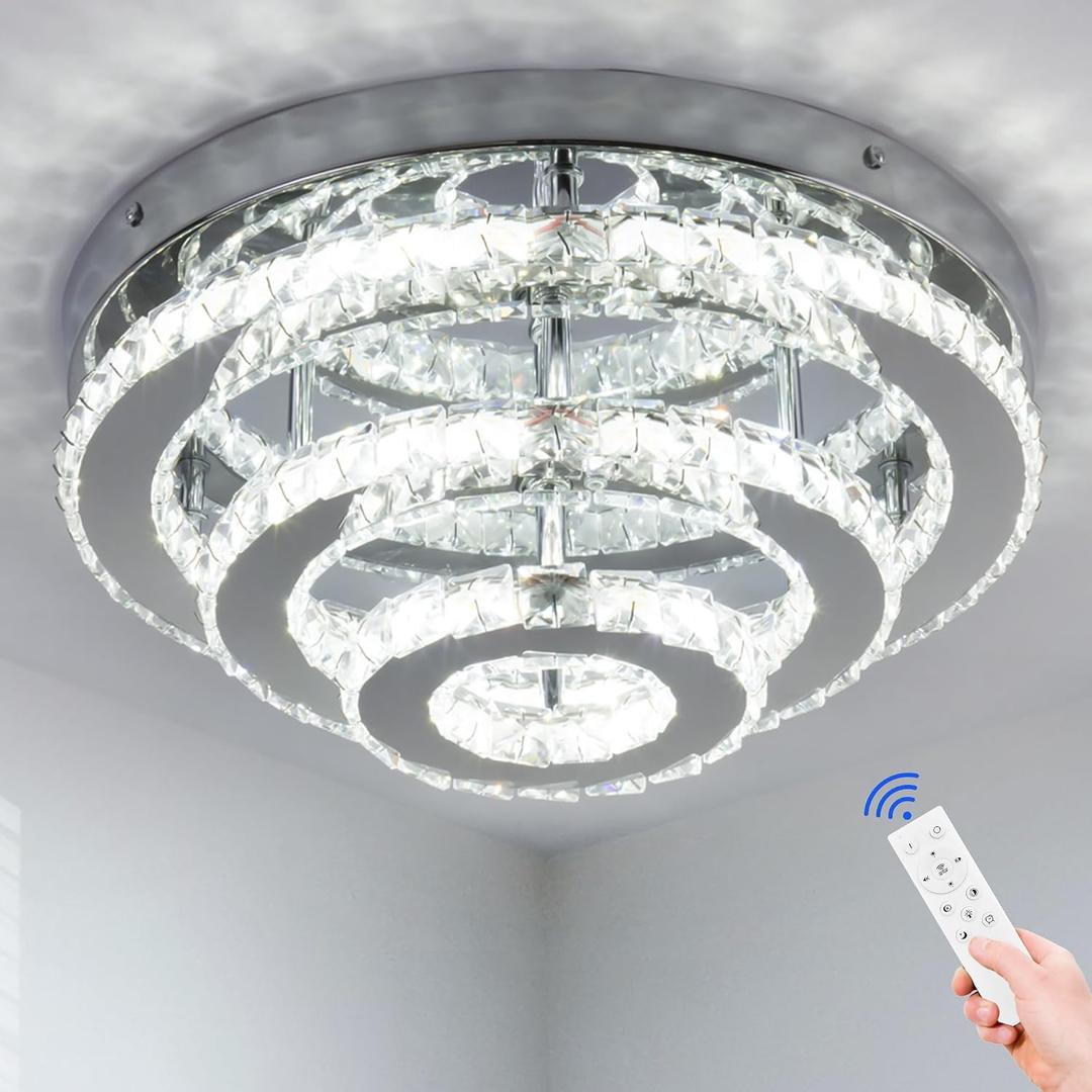13.8 Inch Modern Crystal Chandeliers LED Crystal Ceiling Light 3 Tiers Ring Flush Mount Chandelier Ceiling Lights with Remote for Bedroom Living Room Kitchen Dimmable, Dia 13.8 inches x H 6.3 inches