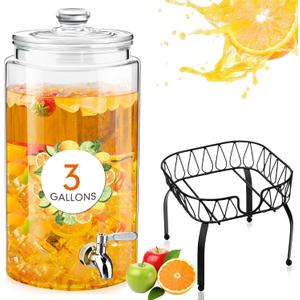 Honeydak 1 Pack 3 Gallon Glass Beverage Dispenser with Stand and Spigot Leakproof Glass Drink Beverage Storage Lemonade Juice Jar Mason Jar Dispenser with Lids for Valentine's Wedding Parties Kitchen
