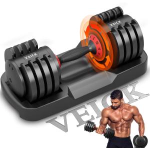 VEICK 25/55 lbs Adjustable Dumbbell With Anti-Slip Turning Handle, Fast Adjust Weight for Men Women, Tray for Home Gym Full Body Workout Fitness (Black)