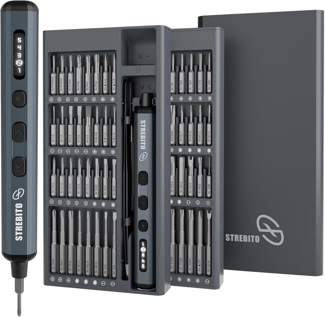 STREBITO Mini Electric Screwdriver Set, 70-in-1 Max Precision Electric Screwdriver Kit with Lights, 5 Upgraded Torque Levels, 64 Magnetic Bits, Electric Screwdriver Cordless for PC RC Electronics (Grey - Upgraded Version With Digital Display & Stronger Torque)