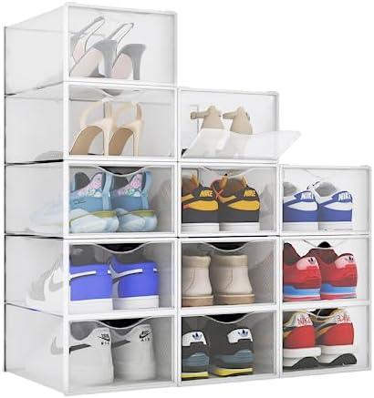BINO 12-Pack Plastic Stackable Shoe Box Set - Clear | Foldable Shoe Storage Container | Sneaker Bins | Shoe Rack Box | Transparent | Portable Stacking Shoe Boxes Front Open