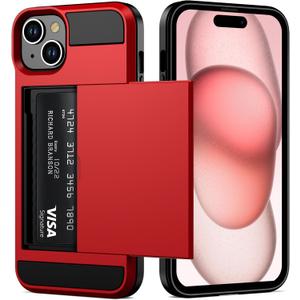 Vofolen for iPhone 15 Case with Card Holder, Dual Layer Heavy Duty Shockproof Wallet Phone Case, Hidden Sliding Card Slot Protective Hard Back Shell Slim Case Cover for iPhone 15, 6.1 Inch Red