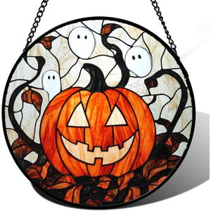 Stained Glass Window Hanging - Halloween Decorations Pumpkin Ghost Suncatcher for Doors Garden Indoor Spooky Funny Orange Sun Catchers Gothic Decor Horror Gifts for Women Men Friend 7.8 in