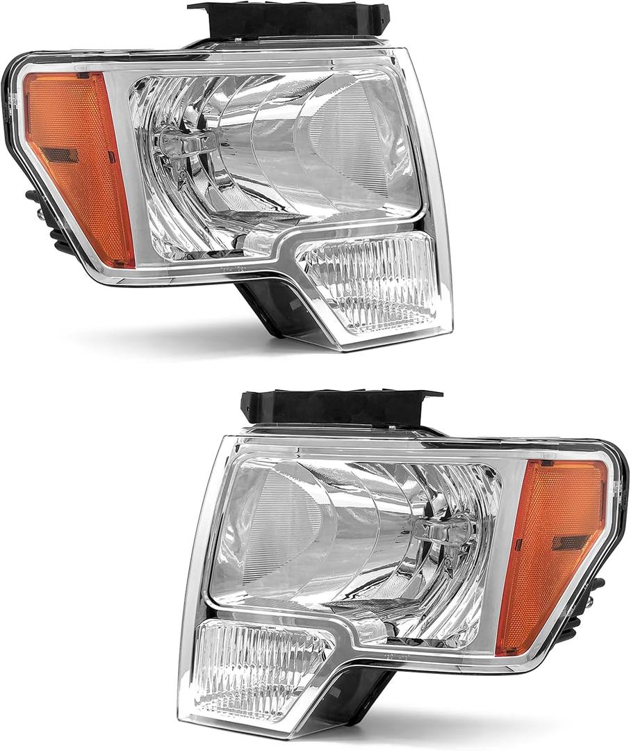 Headlight Assembly for 2009 2010 2011 2012 2013 2014 Ford F150 Pickup Headlamp Left and Right Sides Chrome housing(Bulb Not Included)W/O Bulbs