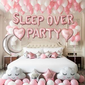 Slumber Party Decorations Pink White Balloons Overnight Birthday Party Sleepover Party Letter Balloons Cute Moon Star Cloud Heart-Shape Girls Pajamas Sleep Overnight Party Decorations