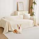 Boho Couch Cover Beige Sofa Covers with White Tassel Farmhouse Sofa Slipcover Simple Couch Protector for Dogs Chenille Sectional Couch Covers L Shaped Couch Cushion Covers, 91"x 134"