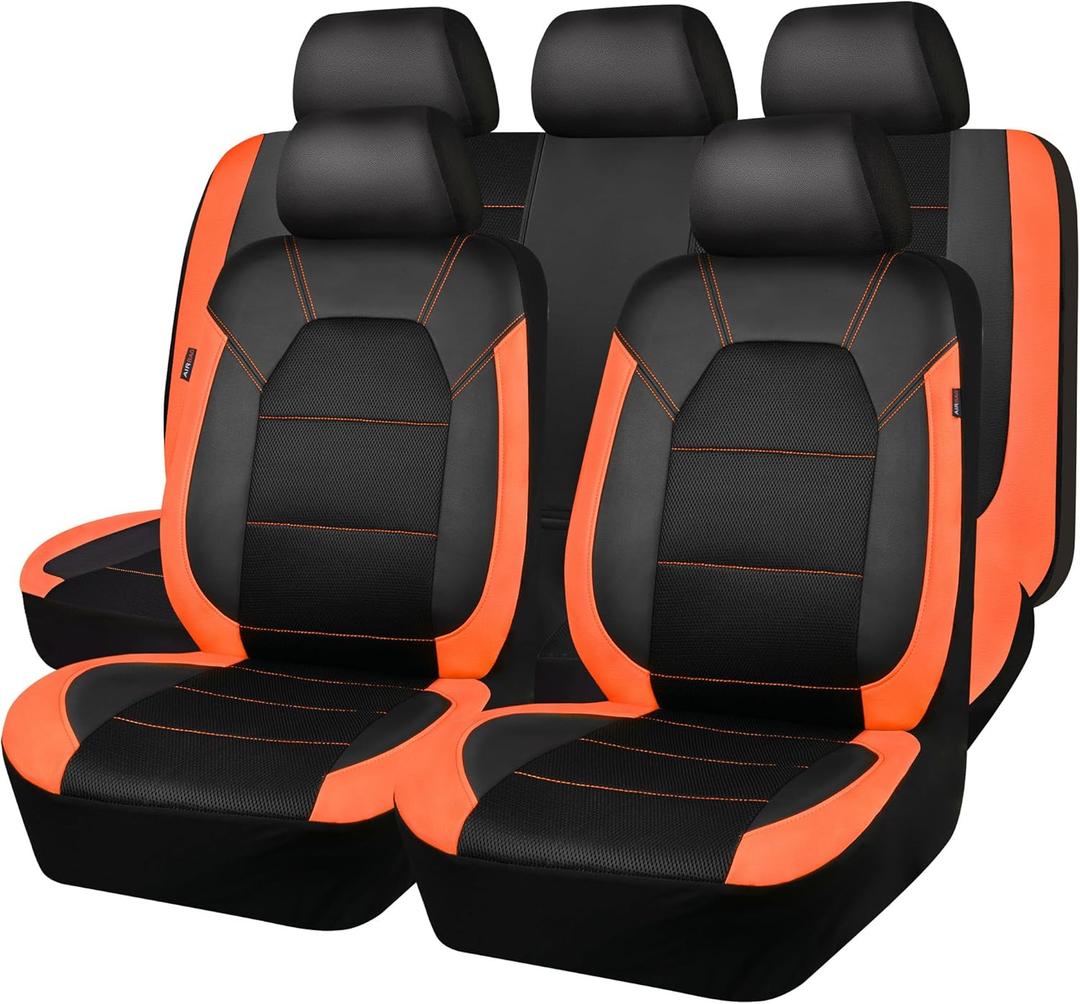 CAR PASS Leather Seat Covers, Breathable Universal Car Seat Cover Full Set for Cute Women Girly,5mm Composite Sponge Inside,Airbag Compatible Fits Most Auto,SUVs,Trucks,Vans(Full Set,Black&Orange)