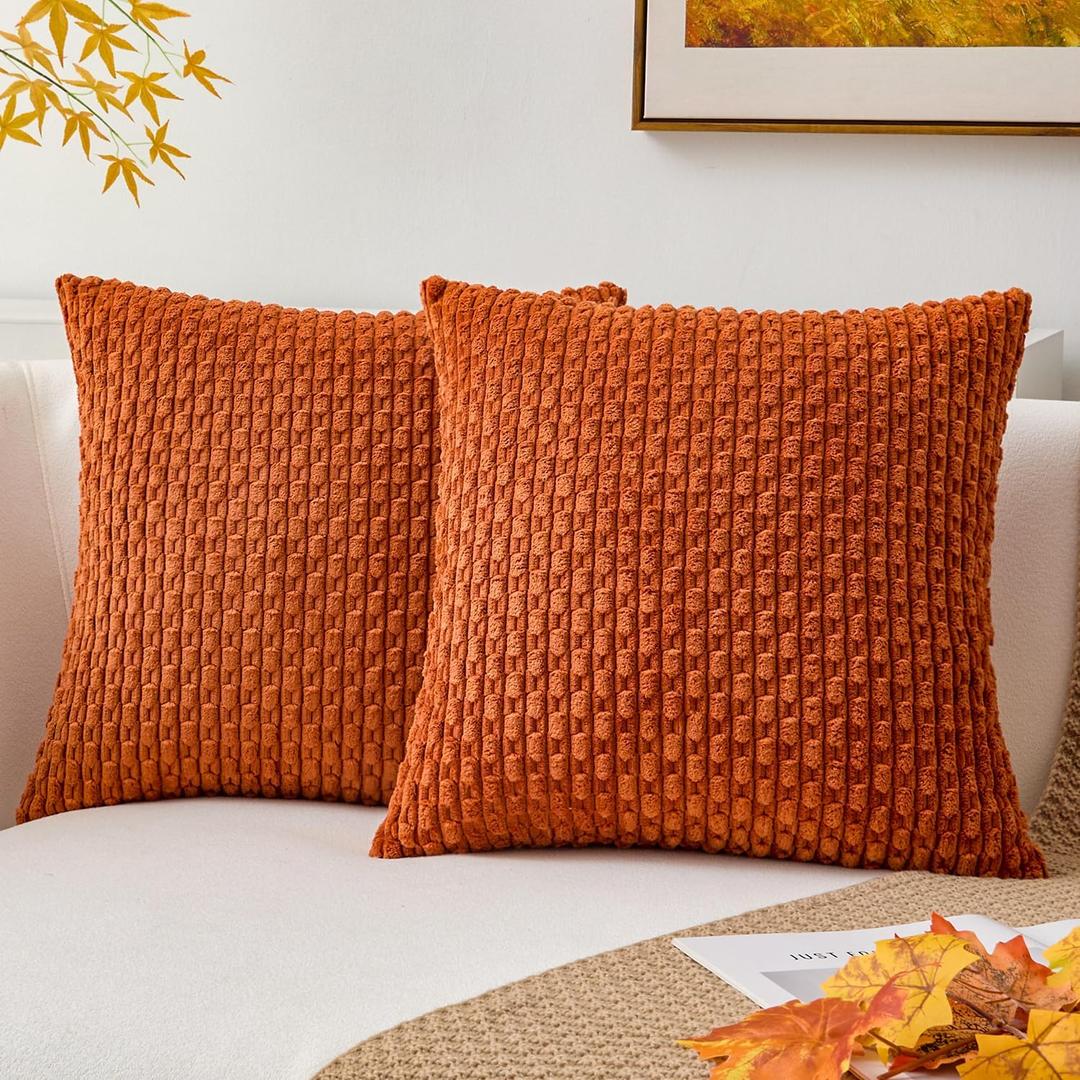 Kevin Textile Fall Pack of 2 Corduroy Decorative Throw Pillow Covers 16x16 Inch Soft Boho Striped Pillow Covers Modern Farmhouse Home Decor for Sofa Living Room Couch Bed Rust