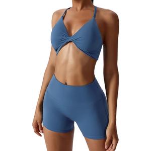 ABOCIW Workout Sets for Women 2 Piece Twist Front Halter Sports Bras High Waist Biker Shorts Exercise Gym Yoga Outfit (Blue, S)