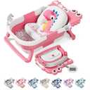 TPN Collapsible Baby Bathtub, Baby Bath Tub with Soft Cushion & Real-Time Thermometer, Baby Bathtub Infant to Toddler Tub (0-36 Months), Portable Newborn Travel Bath tub,  Alligator Shape, PINK
