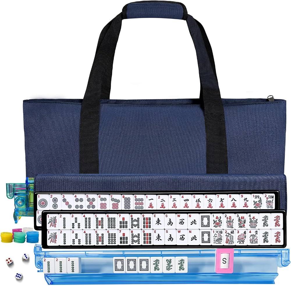 American Mahjong Tile Set,166 White Tiles Mahjong Set,4 Colors Mahjong Racks,Travel Mahjong Set with Blue Carrying Bag