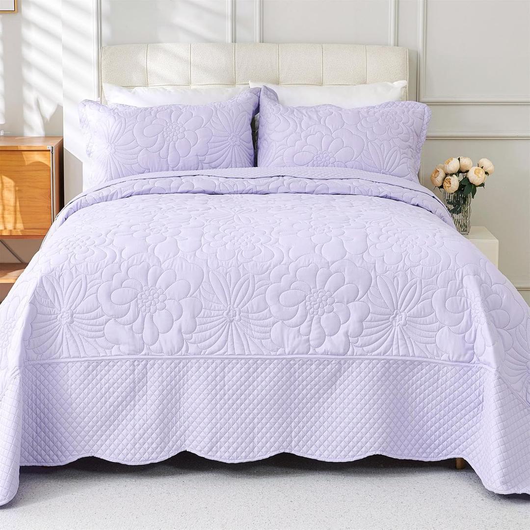 Cmfshape Oversized King Quilt Set Bedspread 120x120-Lavender California King Quilts 3 PCS-Lightweight Quilted Bedding Extra Large-Floral Coverlet for All Season