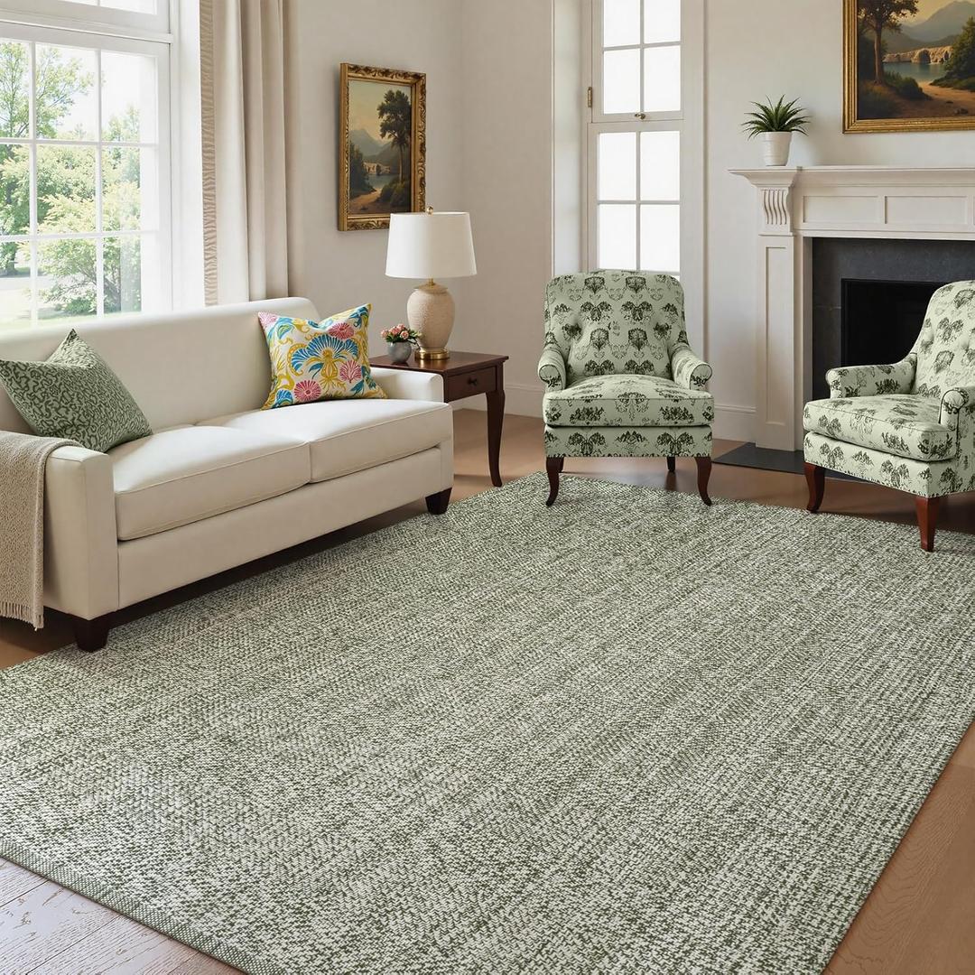 LEEVAN Washable Kitchen Rug 6' x 9', Green Bathroom Rug, Reversible Living Room Rug, Farmhouse Low Profile Bedroom Rug, Modern Nursery Carpet for Foyer Laundry/Proch Decor (6'x9', Green/Cream)