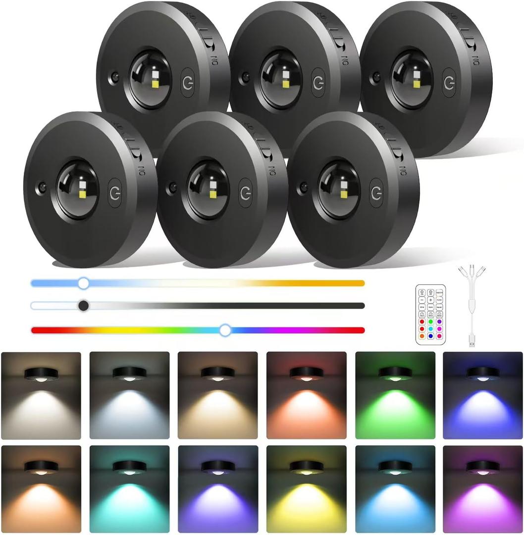 Rechargeable Puck Lights with Remote - 6 Pack LED Under Cabinet Lighting, Color Changing, Dimmable, 1000mAh Battery Powered, Timer, Night Light, for Kitchen, Closet and More, Size: 2.56