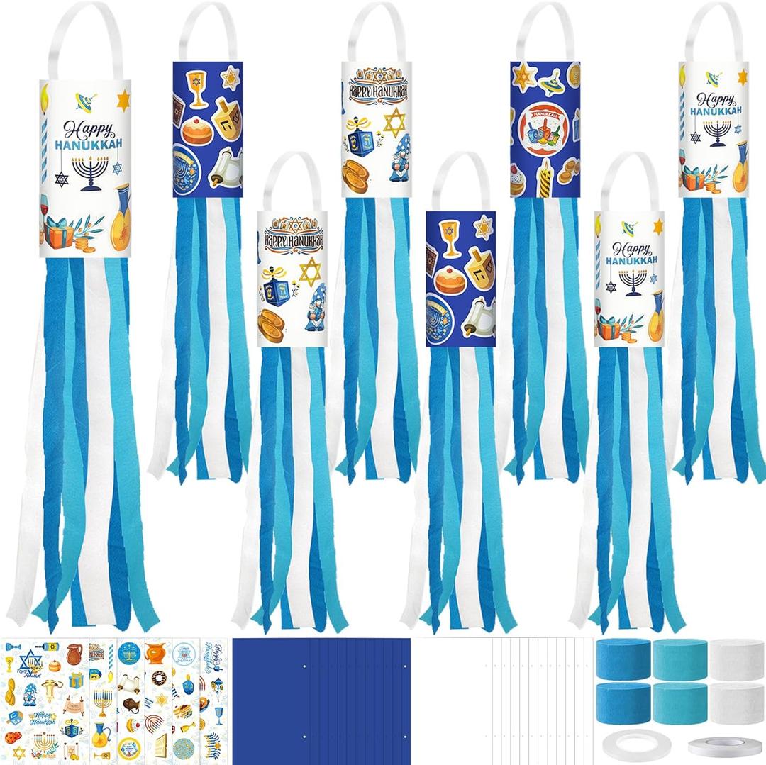 Cinrobiye 24 Set Hanukkah Craft Kits DIY Chanukah Windsock Decoration Flags Festival of Lights Hanging Ornament Wind Socks Outdoor for Jewish Home School Art Project Yard Garden Patio Porch Decor