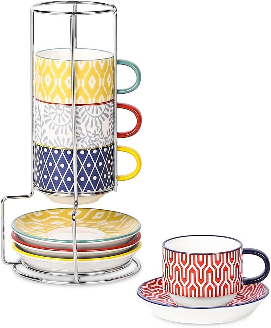 Selamica Ceramic Espresso Cups with Saucers and Metal Stand, 4 OZ Stackable Demitasse Cups for Latte Coffee Caf Mocha Tea, Set of 4, Assorted Colors