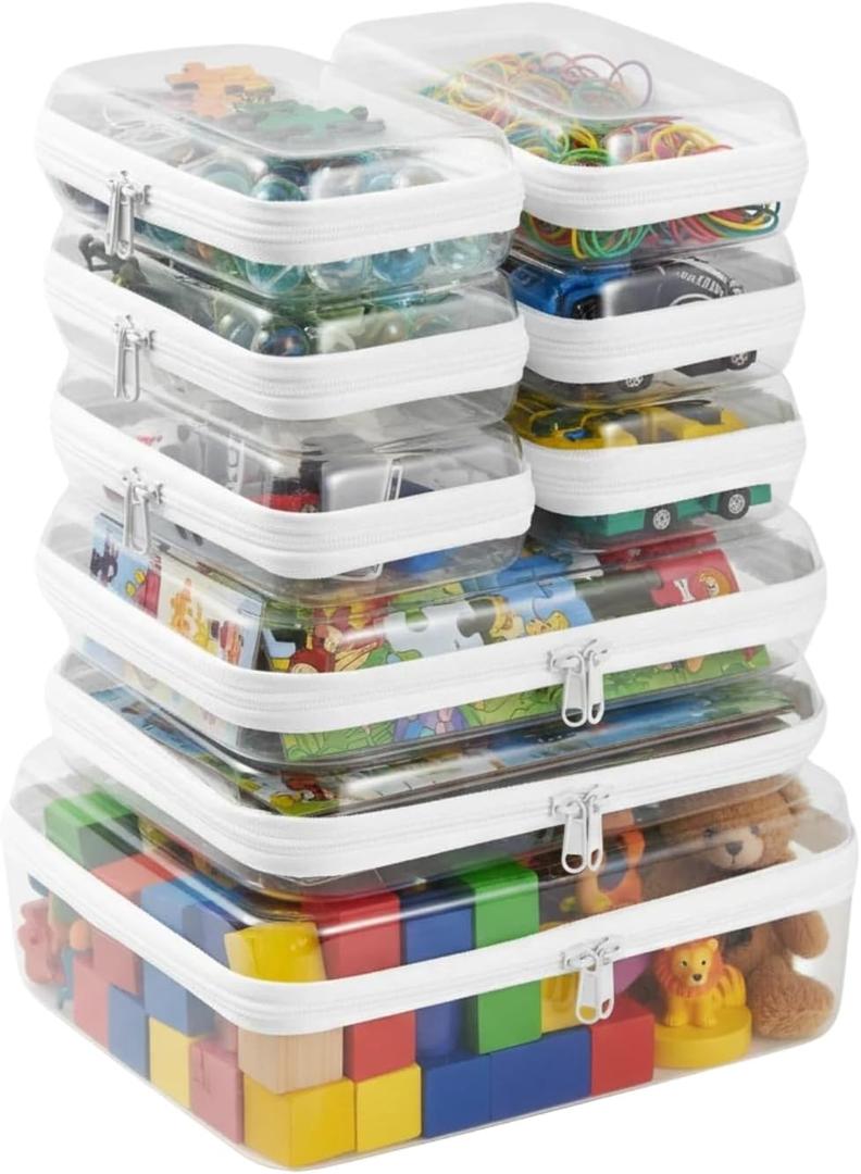 9 pcs Zipper Pouches Nesting Set, Hard Shell Toiletry Bag, Stackable Travel Organizer, Cosmetic Bags, Transparent Diaper Bag, Storage Cases (1 Tall M + 2M + 6S) (White)