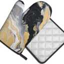 Oven Mitt and Pot Holders Sets - Marble Kitchen Mitts Decorative Marbling Oven Gloves Stones Hot Pads Set of 2 for Cooking BBQ Baking Grilling (Black White Yellow Marble)