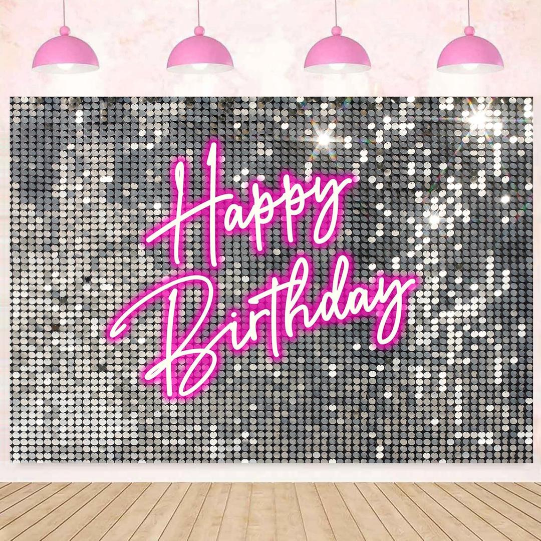 InMemory Silver Sequins Pink Neon Birthday Backdrop Glitter Stars Halos Women Birthday Reception Portrait Photography Background Photoshoot Props Cake Table Banner 7x5ft
