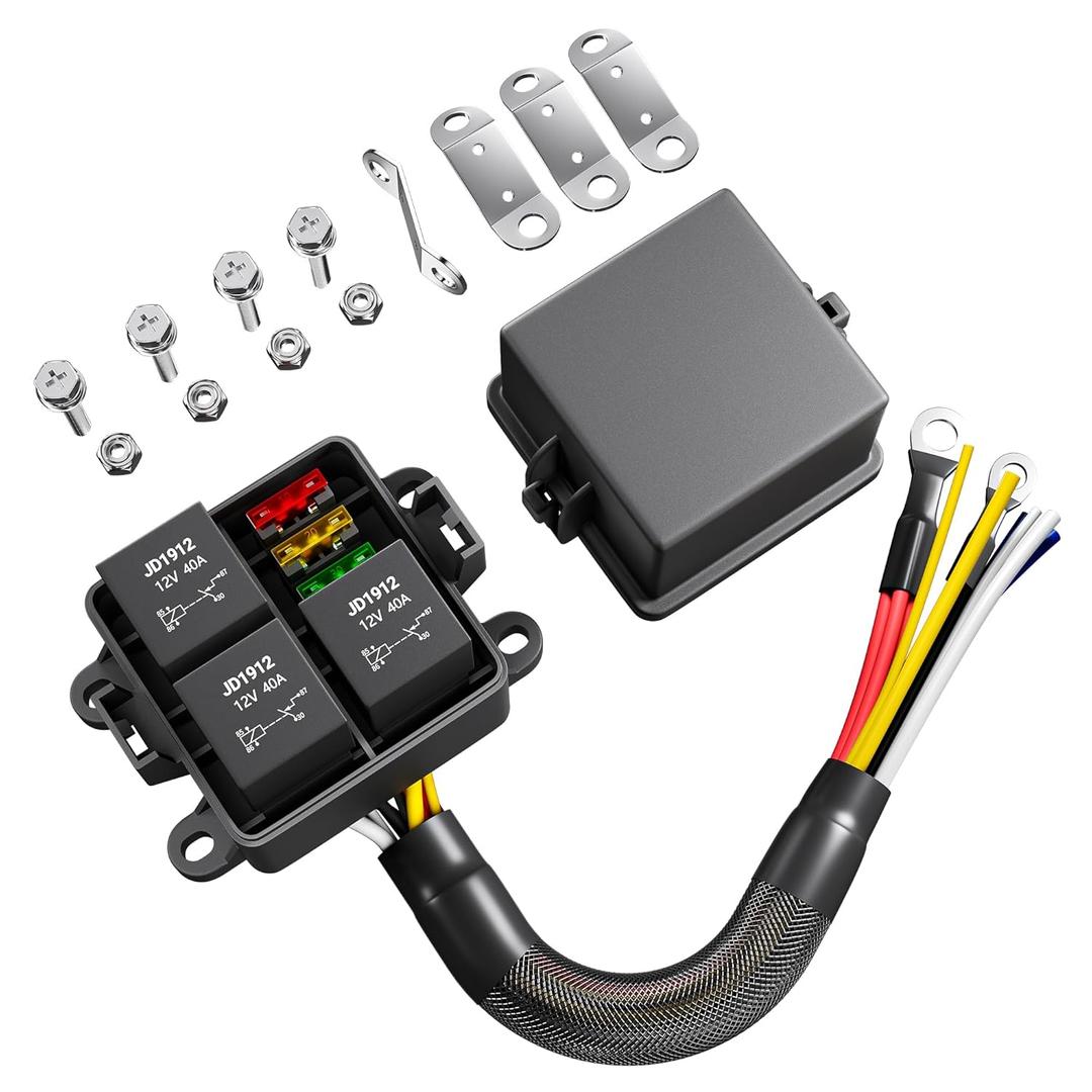 DaierTek 12V 3 Way Waterproof Relay Box Pre-Wired Fuse and Relay Box 3x4 Pin 40A Relay and 3 ATC/ATO Blade Fuse for Automotive Cars Truck Boat