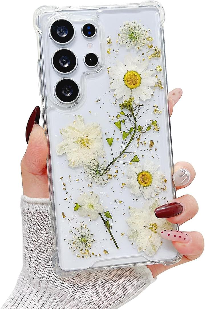 Compatible with Samsung Galaxy S25 Ultra Case Cute Pressed Dried Real Flowers Design Women Girly Shockproof Gliter Bling Floral Clear Phone Cover for Galaxy S25 Ultra (White Flower)