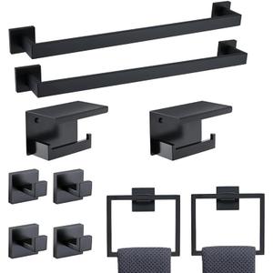 10-Piece Black Bathroom Hardware Set SUS304 Stainless Steel, 223.6" Towel Bars, 2 Towel Rings, 2 Toilet Paper Holders & 4 Towel Hooks Wall Mounted Bathroom Accessories Set